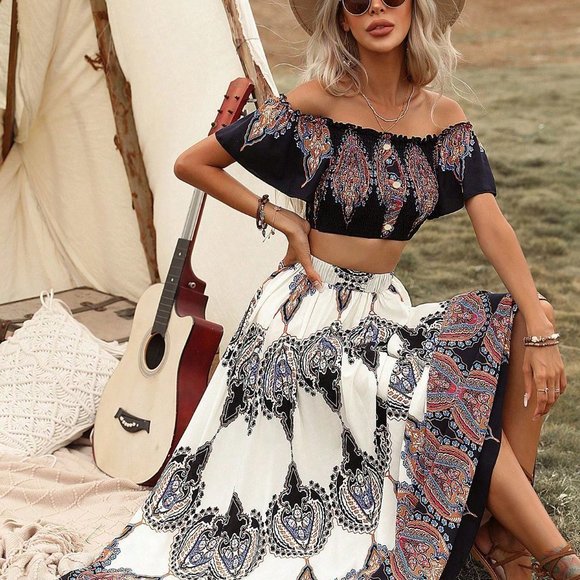 Multicolor Boho Womens Geo Print Shirred Detail Crop Top & Skirt - Picture 4 of 5